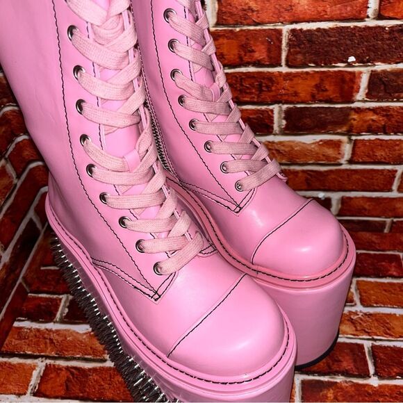 Current Mood NEW Never Censored F*CK OFF Platform Boots Spike Letters Pink Sz 8 - Picture 4 of 13